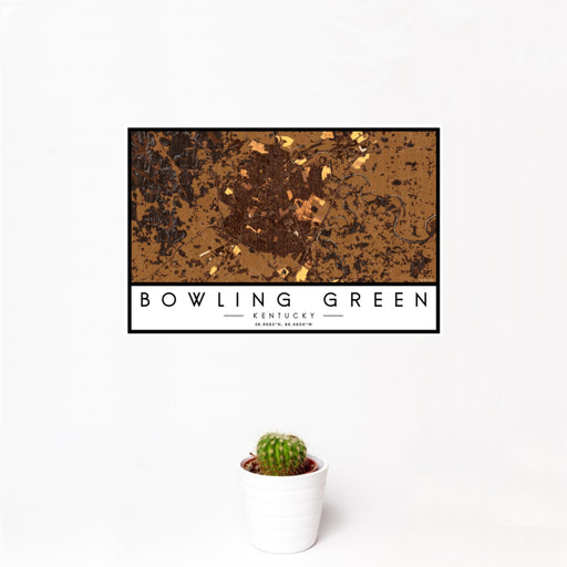 12x18 Bowling Green Kentucky Map Print Landscape Orientation in Ember Style With Small Cactus Plant in White Planter