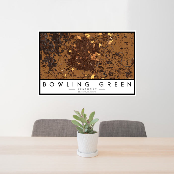 24x36 Bowling Green Kentucky Map Print Landscape Orientation in Ember Style Behind 2 Chairs Table and Potted Plant