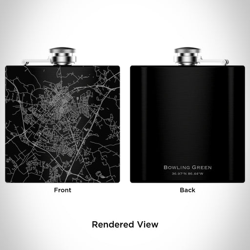 Rendered View of Bowling Green Kentucky Map Engraving on 6oz Stainless Steel Flask in Black