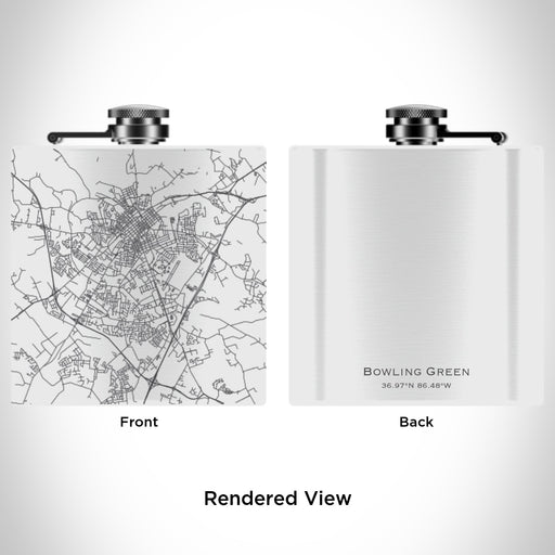 Rendered View of Bowling Green Kentucky Map Engraving on 6oz Stainless Steel Flask in White