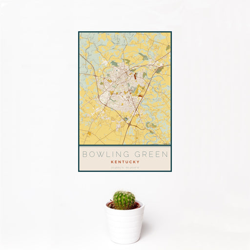 12x18 Bowling Green Kentucky Map Print Portrait Orientation in Woodblock Style With Small Cactus Plant in White Planter