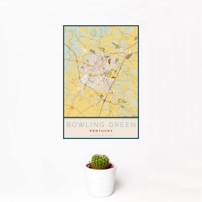 12x18 Bowling Green Kentucky Map Print Portrait Orientation in Woodblock Style With Small Cactus Plant in White Planter
