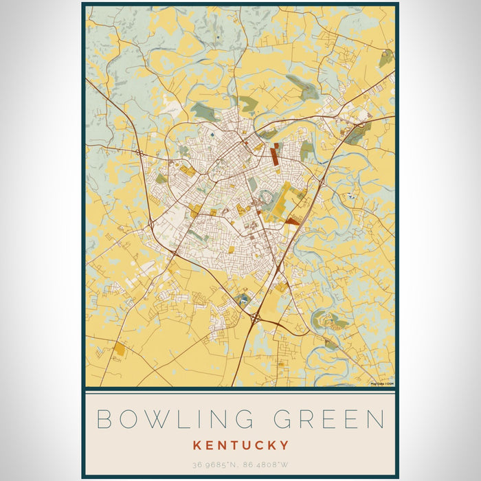 Bowling Green Kentucky Map Print Portrait Orientation in Woodblock Style With Shaded Background