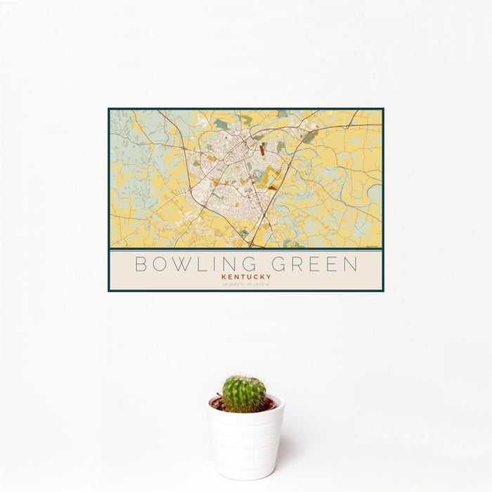 12x18 Bowling Green Kentucky Map Print Landscape Orientation in Woodblock Style With Small Cactus Plant in White Planter