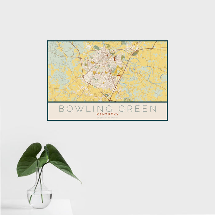 16x24 Bowling Green Kentucky Map Print Landscape Orientation in Woodblock Style With Tropical Plant Leaves in Water