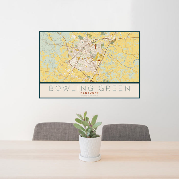 24x36 Bowling Green Kentucky Map Print Landscape Orientation in Woodblock Style Behind 2 Chairs Table and Potted Plant