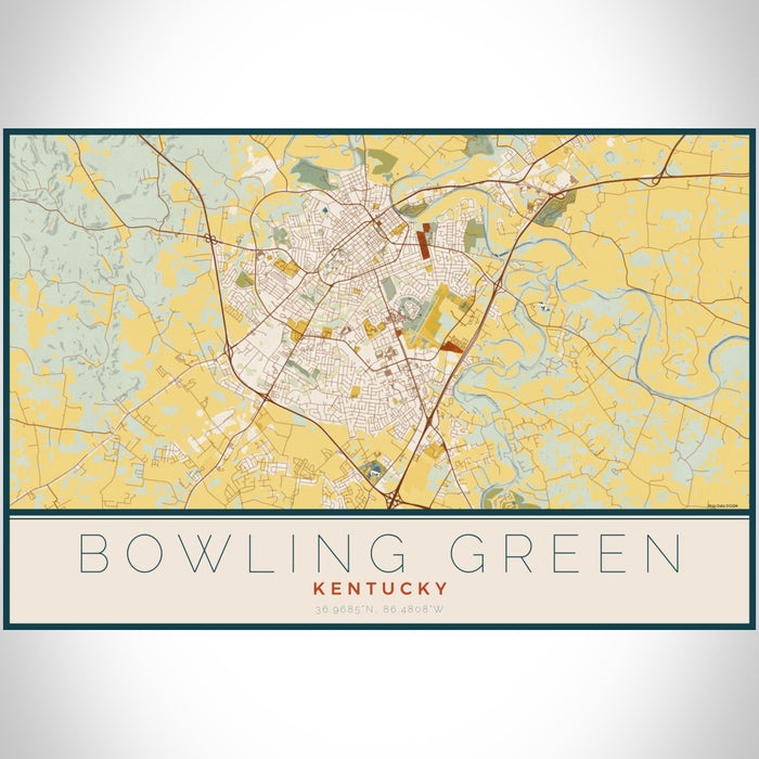 Bowling Green Kentucky Map Print Landscape Orientation in Woodblock Style With Shaded Background