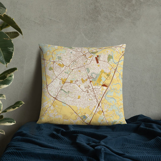 Custom Bowling Green Kentucky Map Throw Pillow in Woodblock on Bedding Against Wall