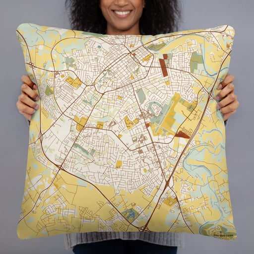 Person holding 22x22 Custom Bowling Green Kentucky Map Throw Pillow in Woodblock
