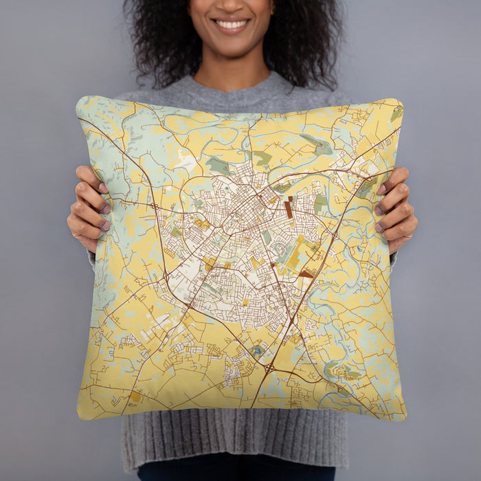 Person holding 18x18 Custom Bowling Green Kentucky Map Throw Pillow in Woodblock
