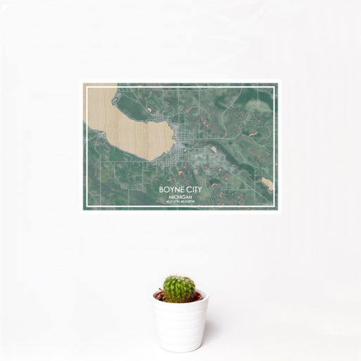 12x18 Boyne City Michigan Map Print Landscape Orientation in Afternoon Style With Small Cactus Plant in White Planter