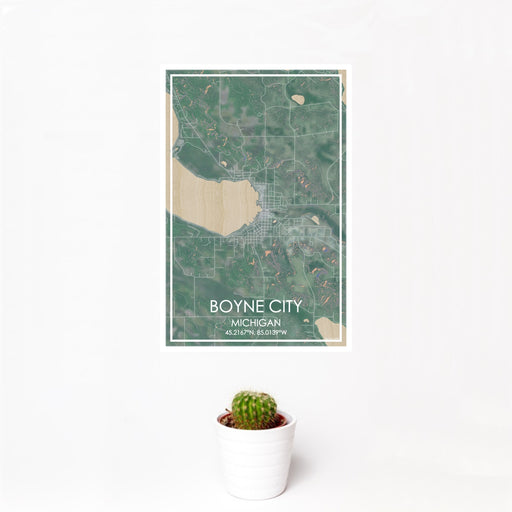 12x18 Boyne City Michigan Map Print Portrait Orientation in Afternoon Style With Small Cactus Plant in White Planter