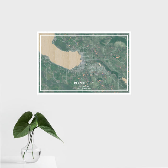 16x24 Boyne City Michigan Map Print Landscape Orientation in Afternoon Style With Tropical Plant Leaves in Water