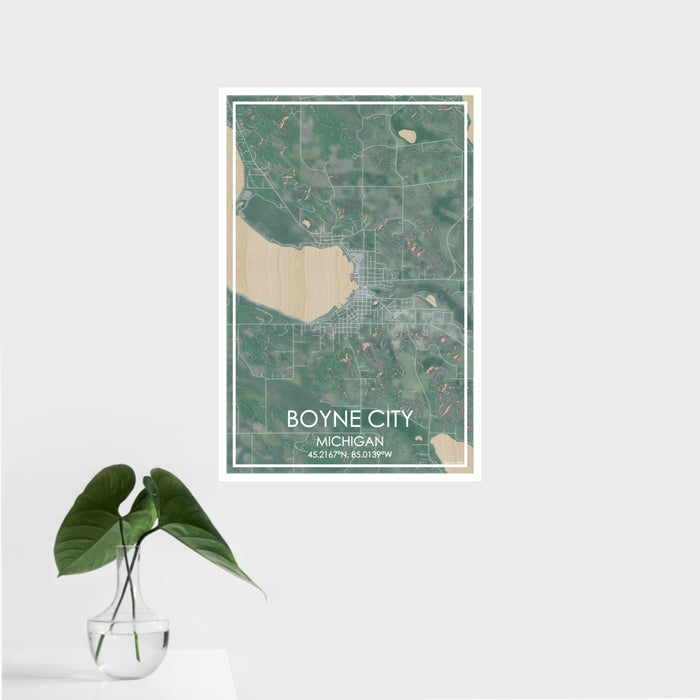 16x24 Boyne City Michigan Map Print Portrait Orientation in Afternoon Style With Tropical Plant Leaves in Water