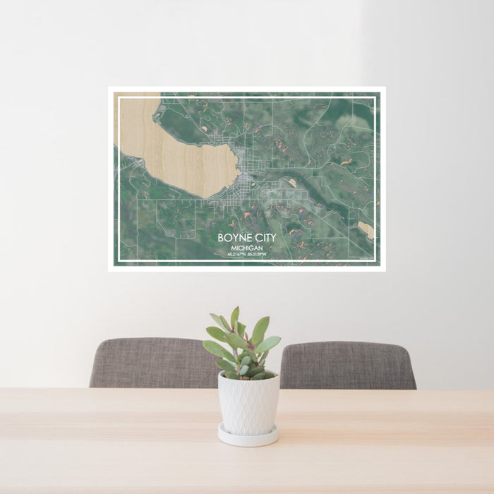 24x36 Boyne City Michigan Map Print Lanscape Orientation in Afternoon Style Behind 2 Chairs Table and Potted Plant