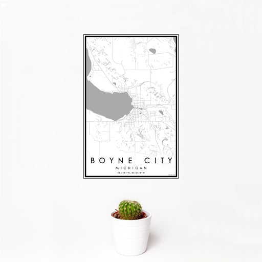 12x18 Boyne City Michigan Map Print Portrait Orientation in Classic Style With Small Cactus Plant in White Planter