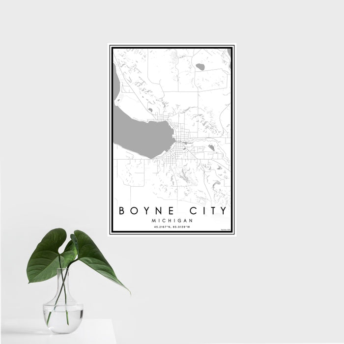 16x24 Boyne City Michigan Map Print Portrait Orientation in Classic Style With Tropical Plant Leaves in Water