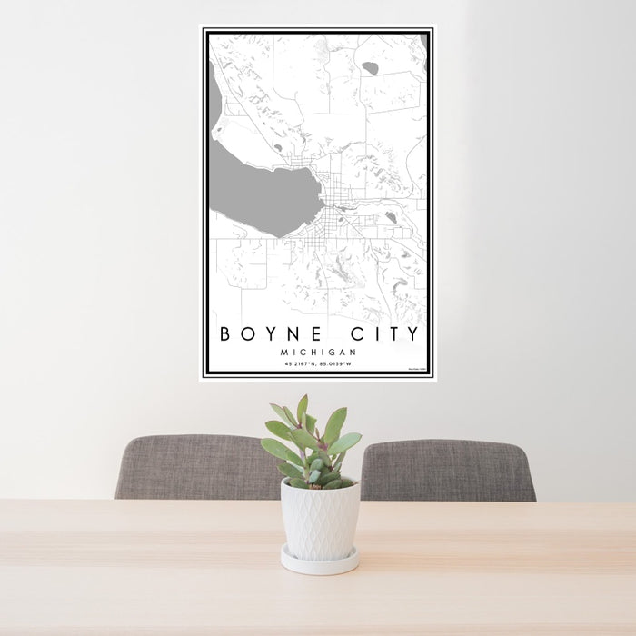 24x36 Boyne City Michigan Map Print Portrait Orientation in Classic Style Behind 2 Chairs Table and Potted Plant