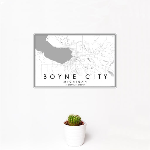 12x18 Boyne City Michigan Map Print Landscape Orientation in Classic Style With Small Cactus Plant in White Planter