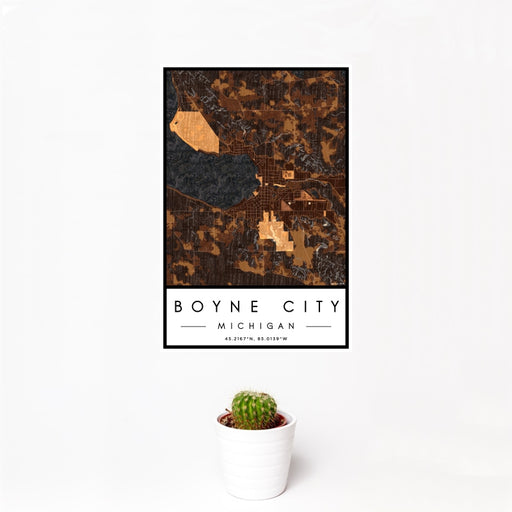 12x18 Boyne City Michigan Map Print Portrait Orientation in Ember Style With Small Cactus Plant in White Planter
