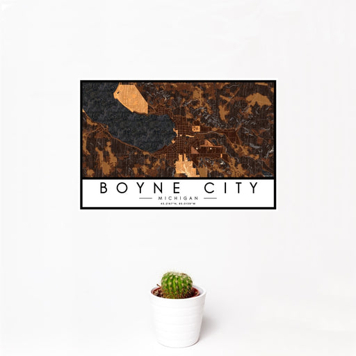 12x18 Boyne City Michigan Map Print Landscape Orientation in Ember Style With Small Cactus Plant in White Planter