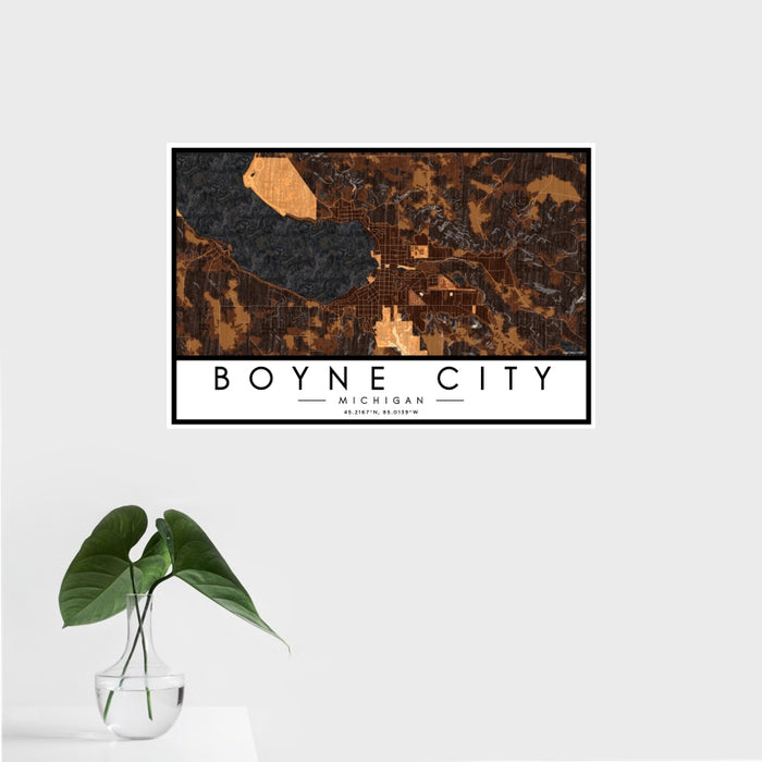 16x24 Boyne City Michigan Map Print Landscape Orientation in Ember Style With Tropical Plant Leaves in Water