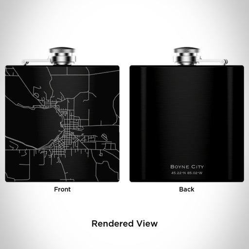 Rendered View of Boyne City Michigan Map Engraving on 6oz Stainless Steel Flask in Black