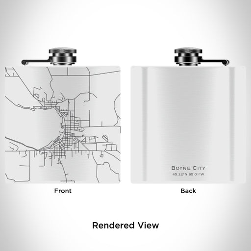 Rendered View of Boyne City Michigan Map Engraving on 6oz Stainless Steel Flask in White