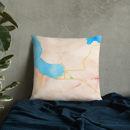 Custom Boyne City Michigan Map Throw Pillow in Watercolor on Bedding Against Wall