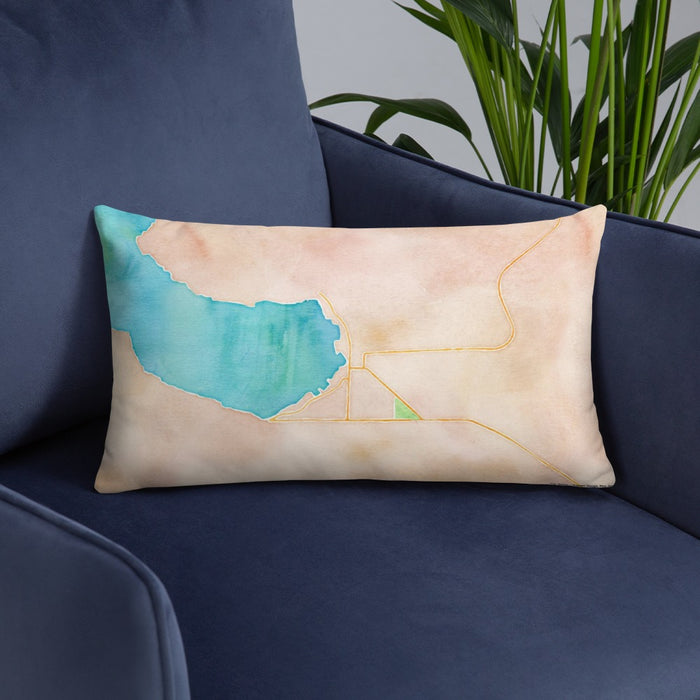 Custom Boyne City Michigan Map Throw Pillow in Watercolor on Blue Colored Chair