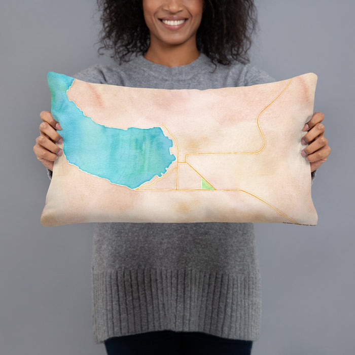 Person holding 20x12 Custom Boyne City Michigan Map Throw Pillow in Watercolor