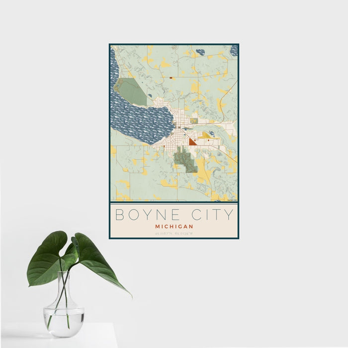 16x24 Boyne City Michigan Map Print Portrait Orientation in Woodblock Style With Tropical Plant Leaves in Water