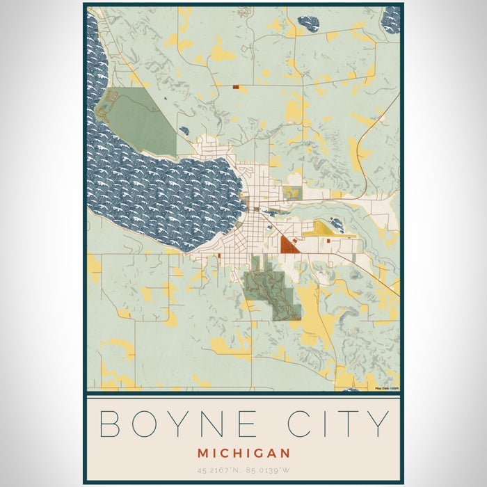 Boyne City Michigan Map Print Portrait Orientation in Woodblock Style With Shaded Background