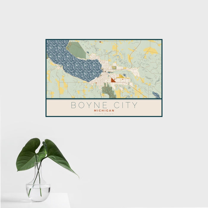 16x24 Boyne City Michigan Map Print Landscape Orientation in Woodblock Style With Tropical Plant Leaves in Water