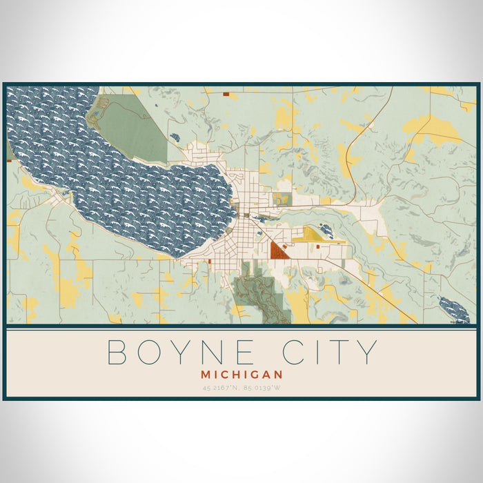 Boyne City Michigan Map Print Landscape Orientation in Woodblock Style With Shaded Background