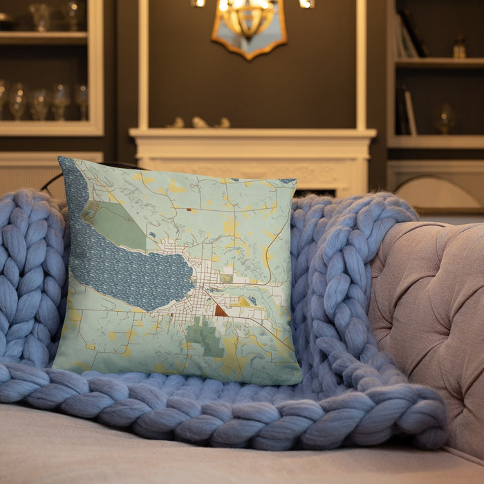 Custom Boyne City Michigan Map Throw Pillow in Woodblock on Cream Colored Couch