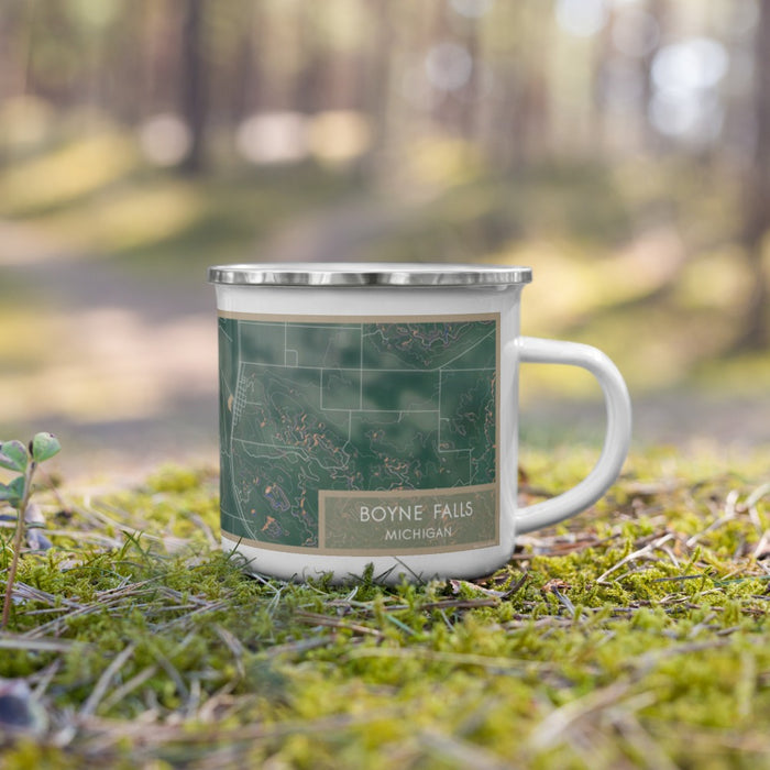 Right View Custom Boyne Falls Michigan Map Enamel Mug in Afternoon on Grass With Trees in Background