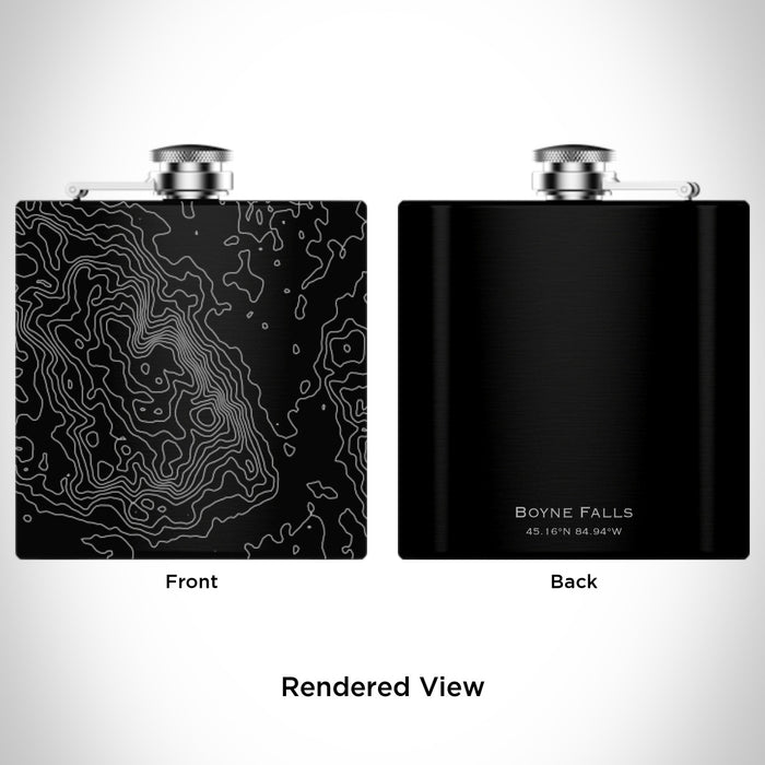 Rendered View of Boyne Falls Michigan Map Engraving on 6oz Stainless Steel Flask in Black