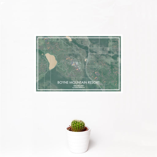 12x18 Boyne Mountain Resort Michigan Map Print Landscape Orientation in Afternoon Style With Small Cactus Plant in White Planter