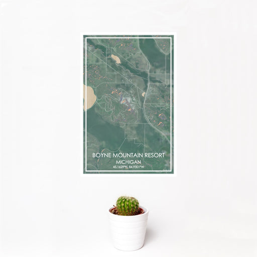 12x18 Boyne Mountain Resort Michigan Map Print Portrait Orientation in Afternoon Style With Small Cactus Plant in White Planter
