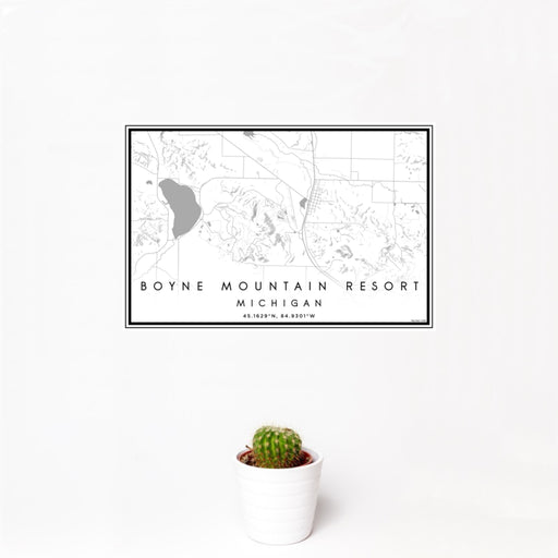 12x18 Boyne Mountain Resort Michigan Map Print Landscape Orientation in Classic Style With Small Cactus Plant in White Planter