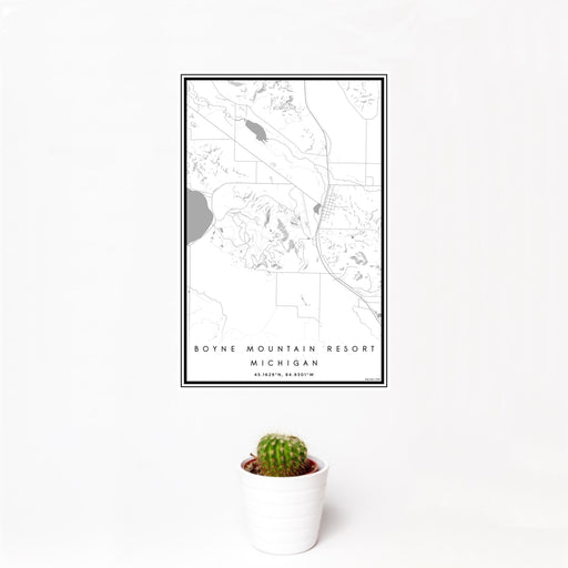 12x18 Boyne Mountain Resort Michigan Map Print Portrait Orientation in Classic Style With Small Cactus Plant in White Planter