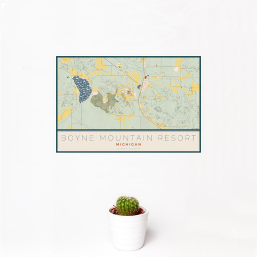 12x18 Boyne Mountain Resort Michigan Map Print Landscape Orientation in Woodblock Style With Small Cactus Plant in White Planter