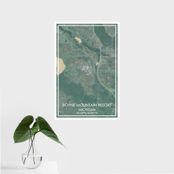 16x24 Boyne Mountain Resort Michigan Map Print Portrait Orientation in Afternoon Style With Tropical Plant Leaves in Water