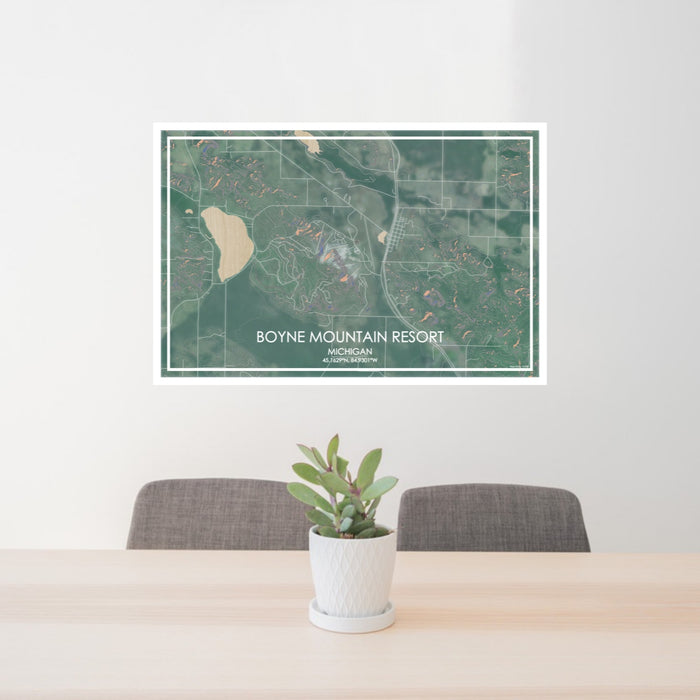 24x36 Boyne Mountain Resort Michigan Map Print Lanscape Orientation in Afternoon Style Behind 2 Chairs Table and Potted Plant