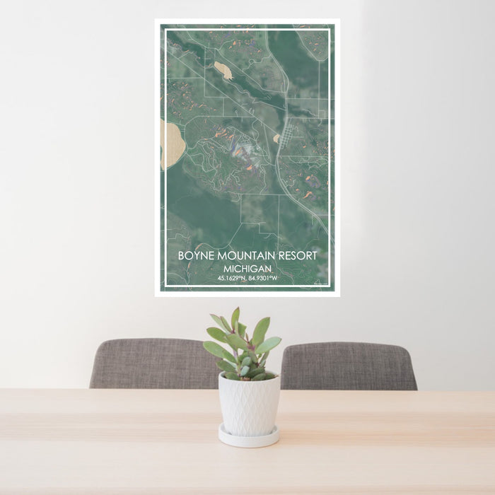 24x36 Boyne Mountain Resort Michigan Map Print Portrait Orientation in Afternoon Style Behind 2 Chairs Table and Potted Plant