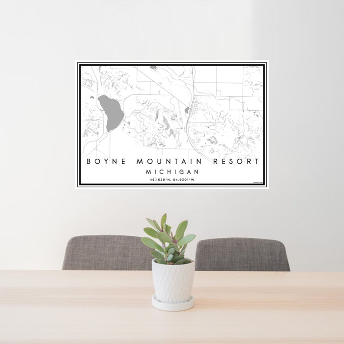 24x36 Boyne Mountain Resort Michigan Map Print Lanscape Orientation in Classic Style Behind 2 Chairs Table and Potted Plant