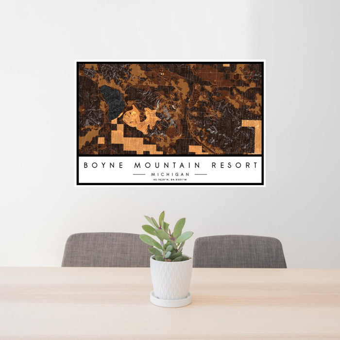 24x36 Boyne Mountain Resort Michigan Map Print Lanscape Orientation in Ember Style Behind 2 Chairs Table and Potted Plant