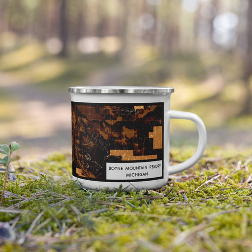 Right View Custom Boyne Mountain Resort Michigan Map Enamel Mug in Ember on Grass With Trees in Background