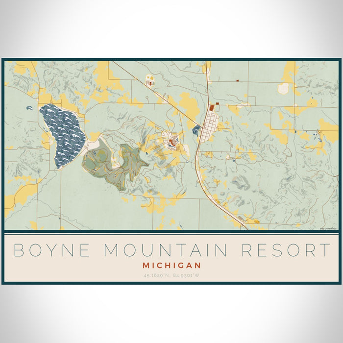 Boyne Mountain Resort Michigan Map Print Landscape Orientation in Woodblock Style With Shaded Background